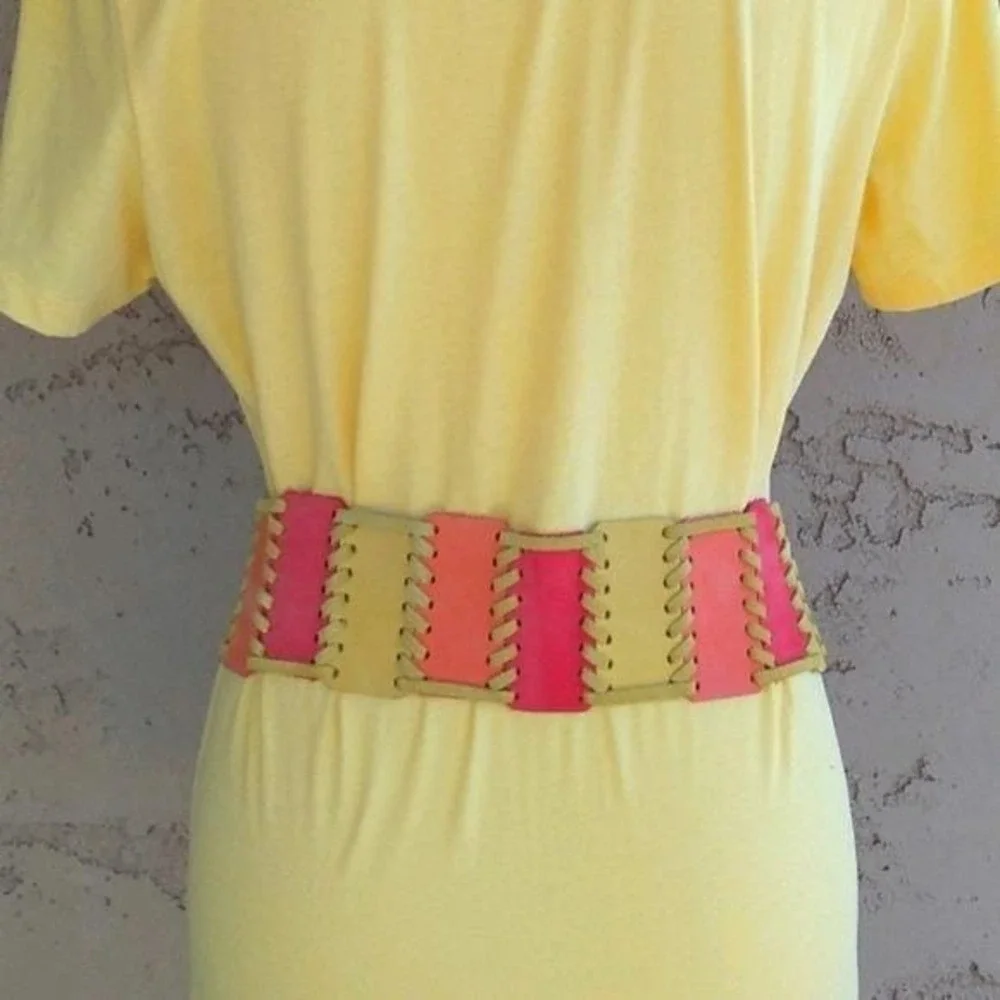 Vintage 80s Adolfo Wide Leather Whipstitch Colorblock Waist Belt Red Pink Yellow